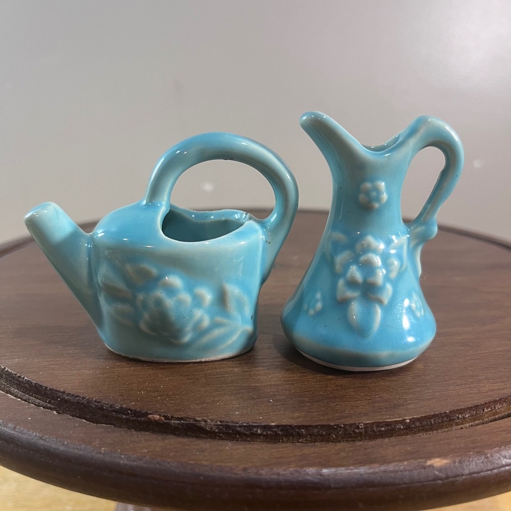 Vtg Shawnee Pottery Blue Miniature Watering Can and Pitcher Set USA Made